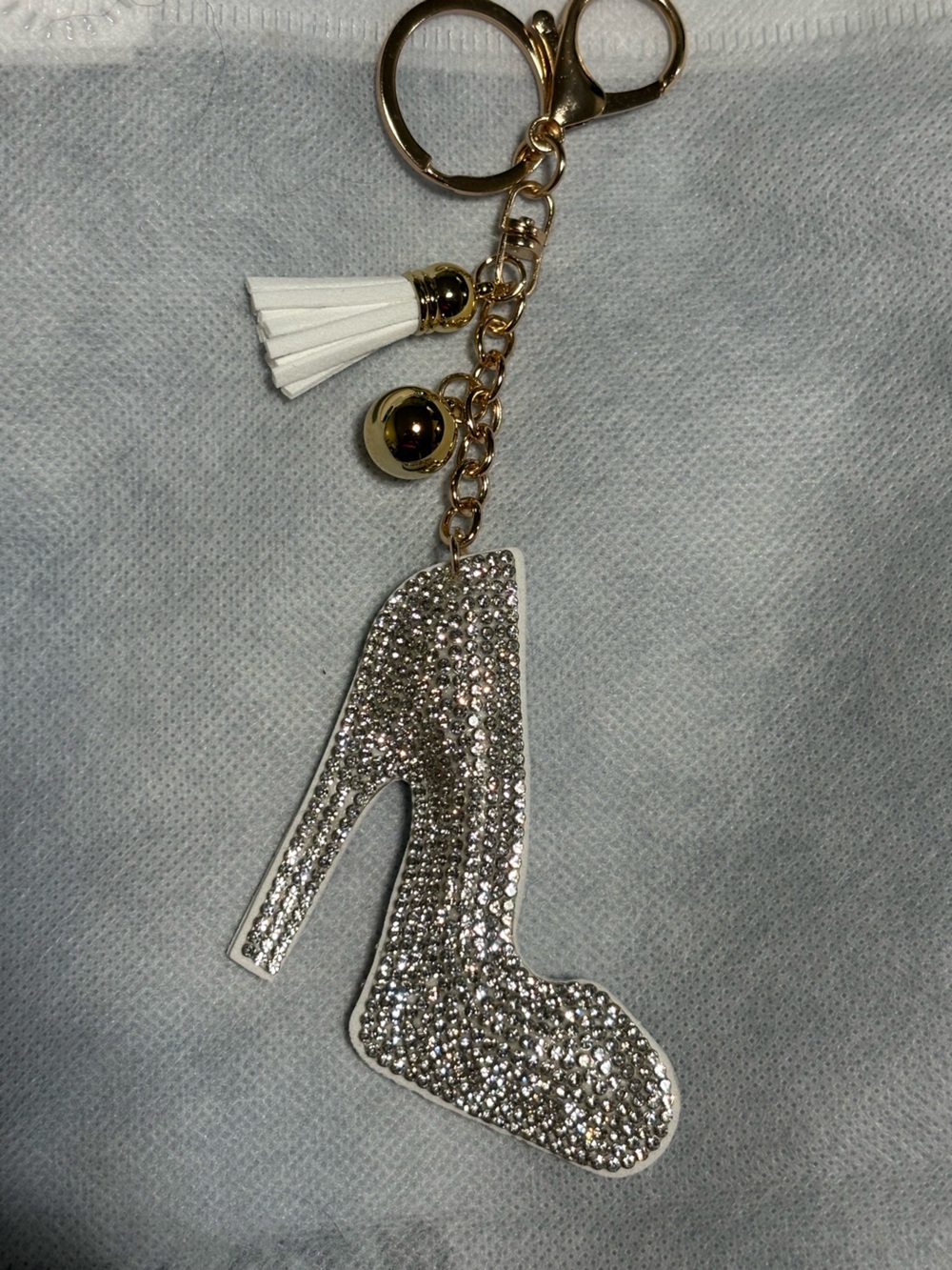Bag Charm/keychain Embellished High Heel with Gold Chain and White Tassel